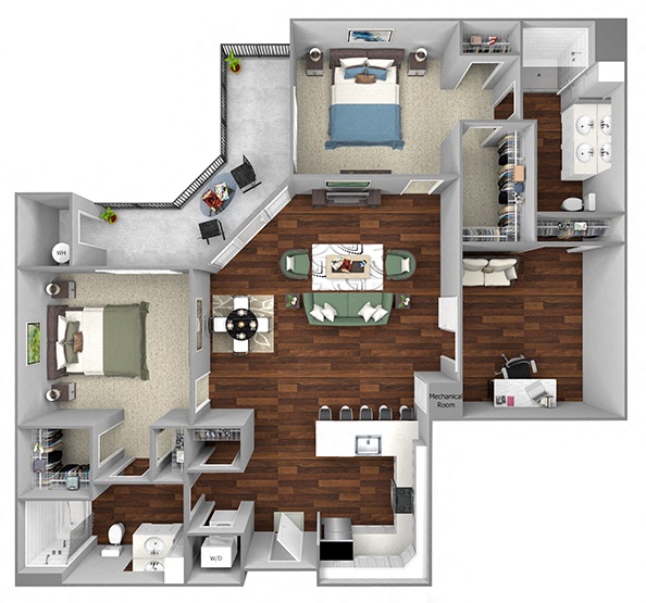 Floor plan for 2 beds, 2 baths, 1457 sqft